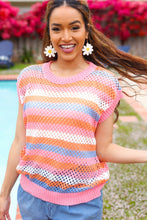 Load image into Gallery viewer, Pretty In Pink &amp; Blue Striped Netted Crochet Dolman Sweater Top
