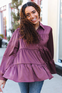 Perfectly You Button Down Tiered Babydoll Satin Top in Burgundy