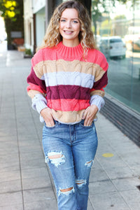 Fall For You Multicolor Stripe Cable Knit Mock Neck Sweater in Rust