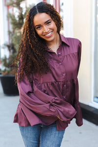 Perfectly You Button Down Tiered Babydoll Satin Top in Burgundy