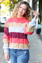 Load image into Gallery viewer, Fall For You Multicolor Stripe Cable Knit Mock Neck Sweater in Rust
