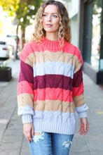 Load image into Gallery viewer, Fall For You Multicolor Stripe Cable Knit Mock Neck Sweater in Rust
