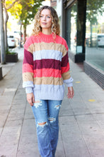 Load image into Gallery viewer, Fall For You Multicolor Stripe Cable Knit Mock Neck Sweater in Rust
