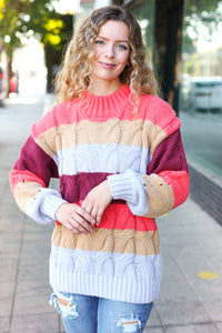 Fall For You Multicolor Stripe Cable Knit Mock Neck Sweater in Rust