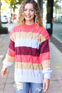 Fall For You Multicolor Stripe Cable Knit Mock Neck Sweater in Rust