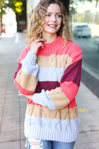 Fall For You Multicolor Stripe Cable Knit Mock Neck Sweater in Rust