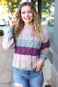 Fall For You Multicolor Stripe Cable Knit Mock Neck Sweater in Mauve