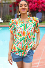 Load image into Gallery viewer, Hello Beautiful Green &amp; Orange Geo Frill Notch Neck Puff Sleeve Top
