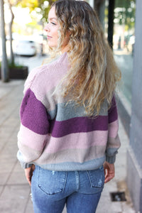 Fall For You Multicolor Stripe Cable Knit Mock Neck Sweater in Mauve