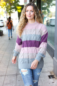 Fall For You Multicolor Stripe Cable Knit Mock Neck Sweater in Mauve