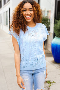 The Perfect Find Dolman Short Sleeve Crochet Sweater Top in Sky Blue