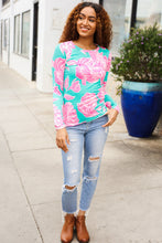 Load image into Gallery viewer, Find Love Aqua/Pink Fitted Floral Print Buttery Soft Knit Top
