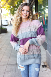 Fall For You Multicolor Stripe Cable Knit Mock Neck Sweater in Mauve