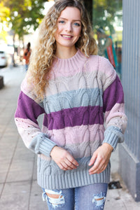 Fall For You Multicolor Stripe Cable Knit Mock Neck Sweater in Mauve