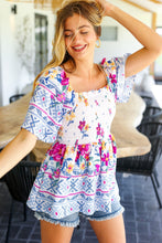 Load image into Gallery viewer, Day Dreaming Ivory &amp; Fuchsia Border Print Smocked Top
