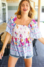 Load image into Gallery viewer, Day Dreaming Ivory &amp; Fuchsia Border Print Smocked Top
