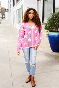 All For Love Fuchsia Flower Print Button Down Knit Cardigan