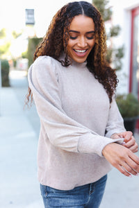 Stay Awhile Brushed Melange Puff Short Sleeve Sweater in Taupe