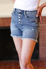 Load image into Gallery viewer, Judy Blue Medium Blue High Rise Buttonfly Frayed Hem Shorts
