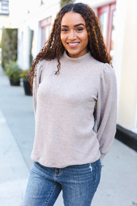 Stay Awhile Brushed Melange Puff Short Sleeve Sweater in Taupe