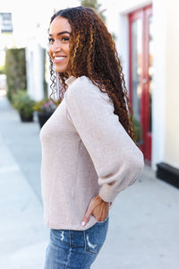 Stay Awhile Brushed Melange Puff Short Sleeve Sweater in Taupe