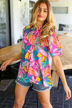 Load image into Gallery viewer, Vacay Ready Fuchsia Tropical Print Frill Mock Neck Top
