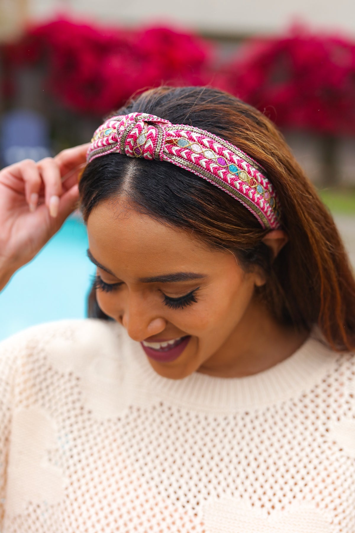 Glitter Boho Top Knot Headband in Fuchsia Sequin & Multicolor