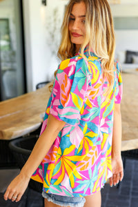 Vacay Ready Fuchsia Tropical Print Frill Mock Neck Top