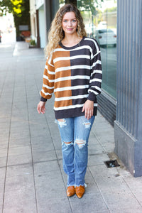 Striped Color Block Sweater in Camel & Charcoal