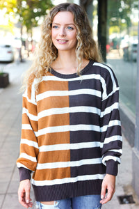 Striped Color Block Sweater in Camel & Charcoal