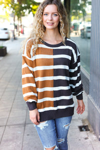 Striped Color Block Sweater in Camel & Charcoal