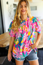 Load image into Gallery viewer, Vacay Ready Fuchsia Tropical Print Frill Mock Neck Top
