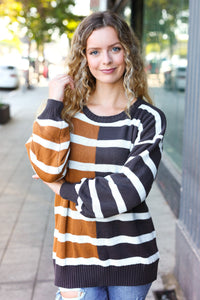 Striped Color Block Sweater in Camel & Charcoal