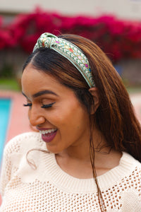 Glitter Boho Top Knot Headband in Sage Green Sequin & Multicolor