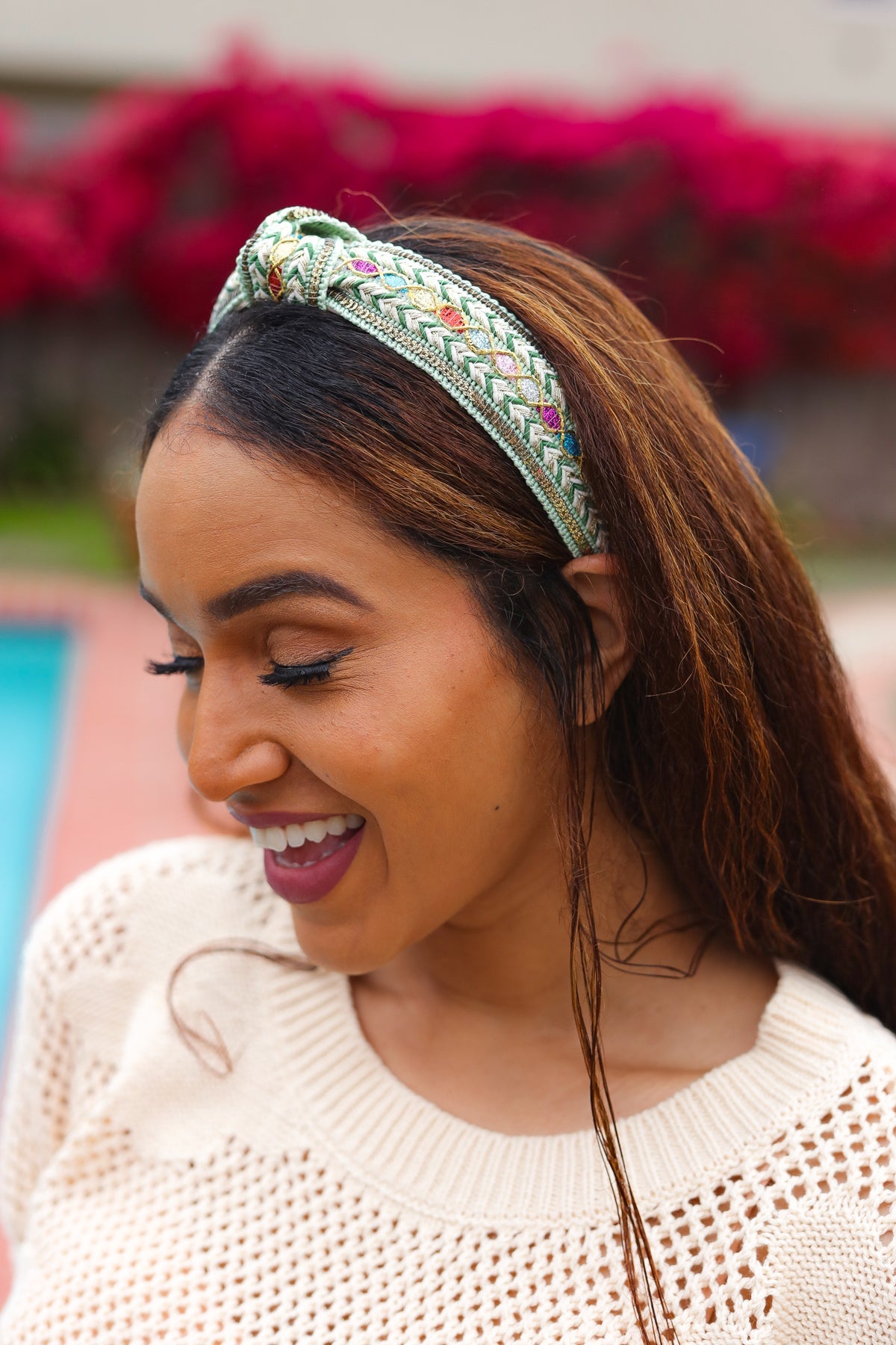 Glitter Boho Top Knot Headband in Sage Green Sequin & Multicolor