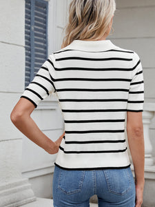 Striped Johnny Collar Short Sleeve Sweater (multiple color options)