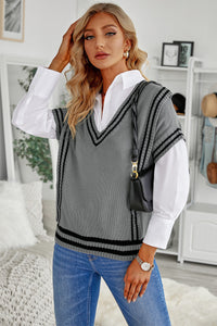 Striped Trim V-Neck Sweater Vest (multiple color options)