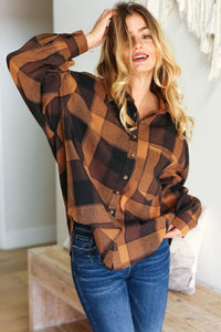 Rock'n Plaid Button Down Oversized Shirt in Camel & Charcoal