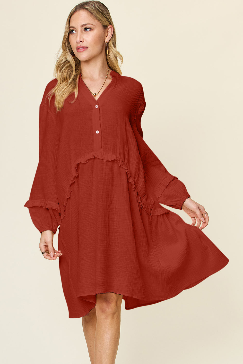 Texture Half Button Ruffle Trim Dress