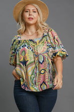 Load image into Gallery viewer, Abstract Print Smocked Square Neck Puff Sleeve Blouse
