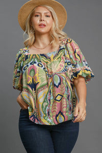 Abstract Print Smocked Square Neck Puff Sleeve Blouse