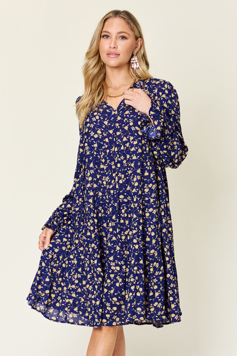 Printed Ruffle Hem Long Sleeve Tiered Dress (multiple color options)