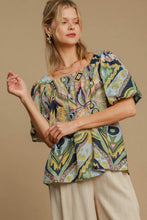 Load image into Gallery viewer, Abstract Print Smocked Square Neck Puff Sleeve Blouse
