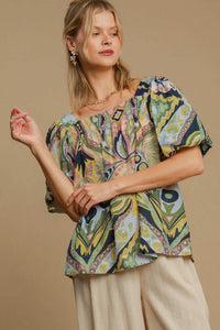 Abstract Print Smocked Square Neck Puff Sleeve Blouse