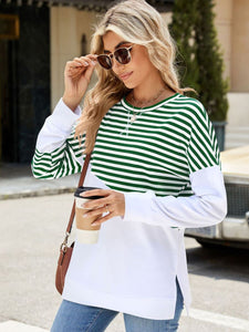 Slit Contrast Striped Long Sleeve Sweatshirt (multiple color options)