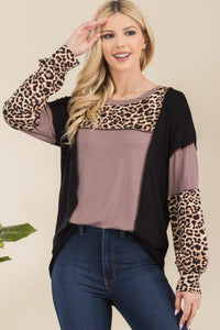 Leopard Color Block Exposed Seam Top