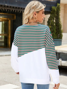 Slit Contrast Striped Long Sleeve Sweatshirt (multiple color options)