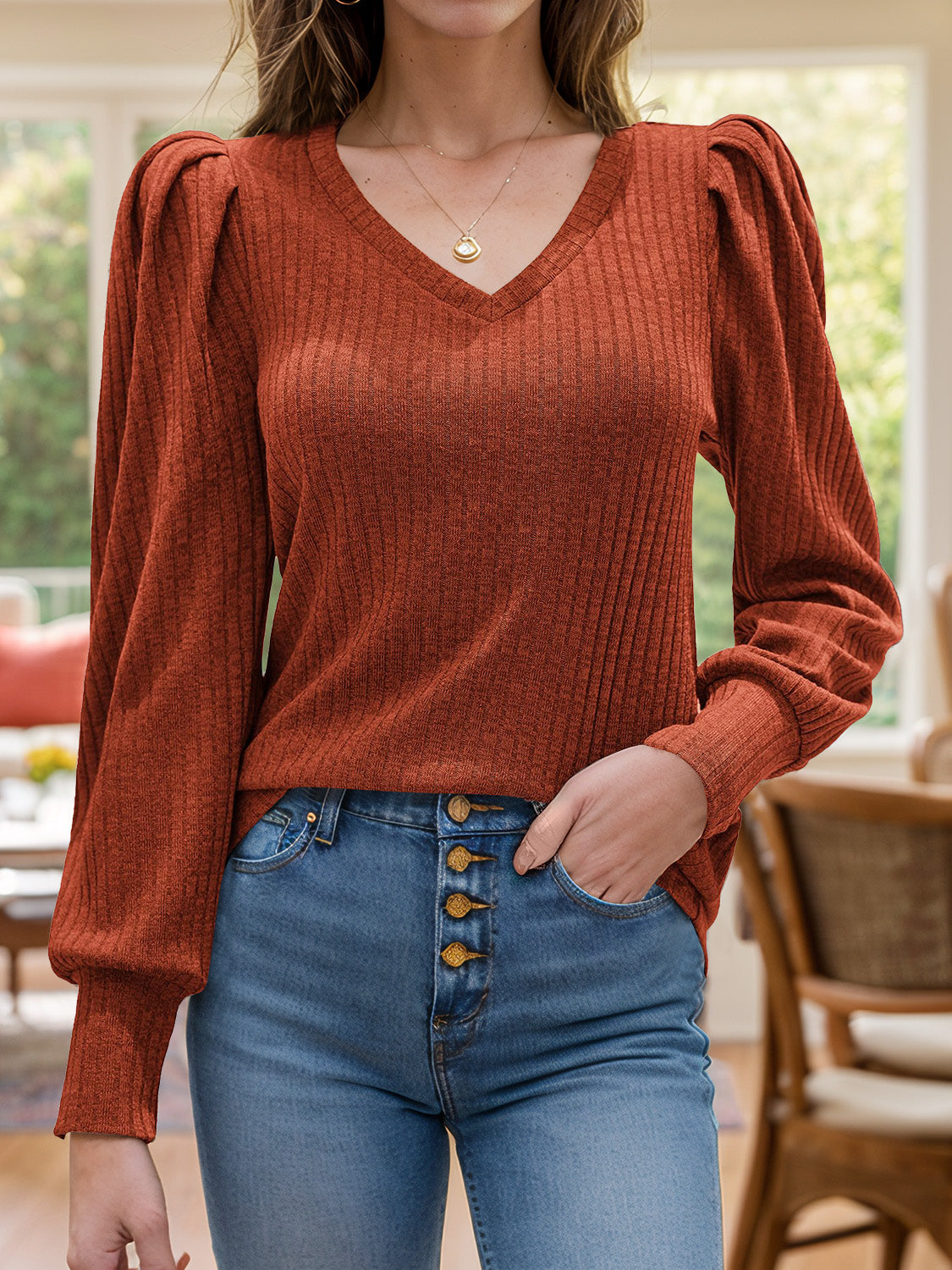 Ruched V-Neck Long Sleeve Top (multiple color options)