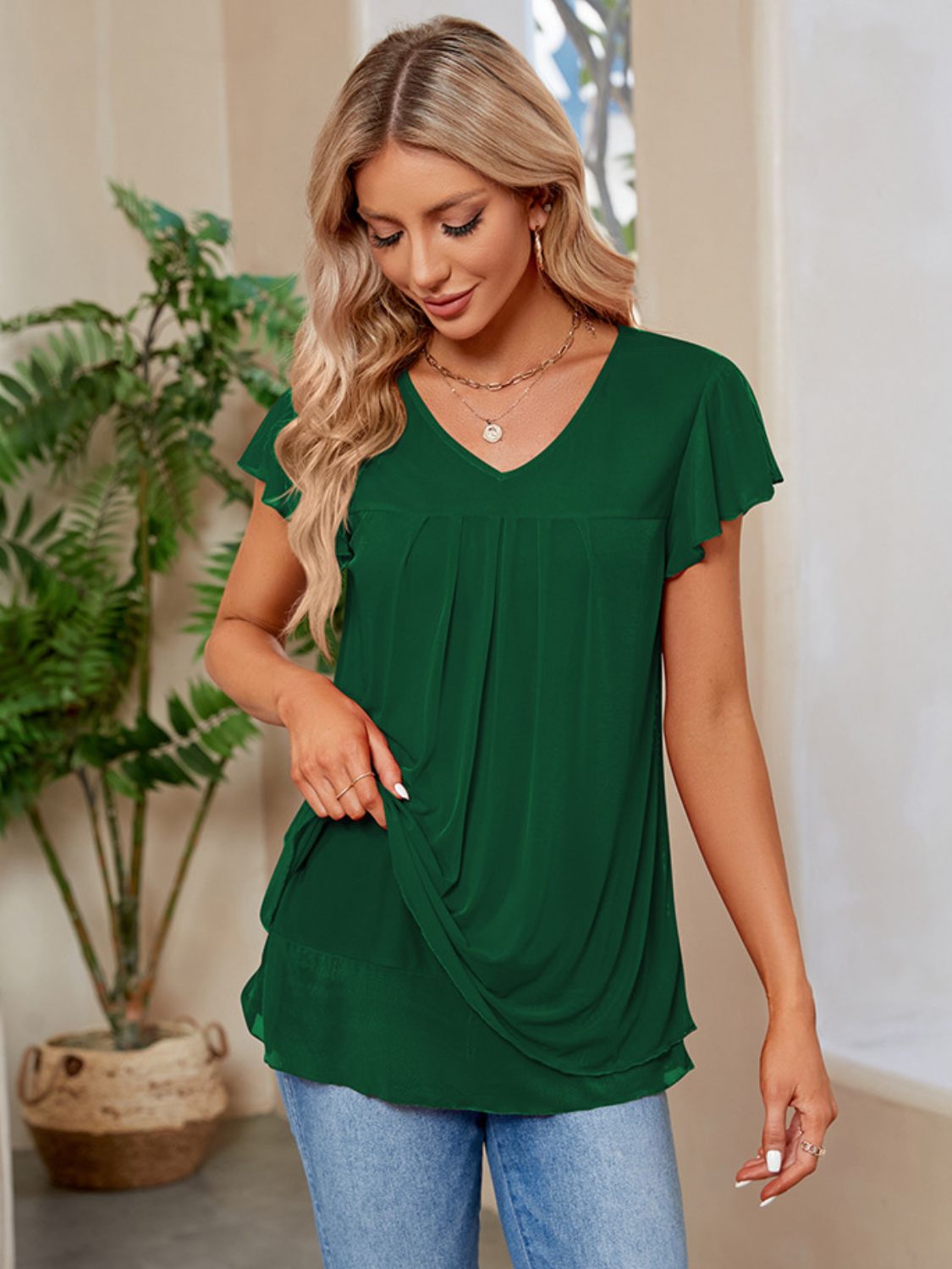 Ruched V-Neck Short Sleeve Top  (multiple color options)