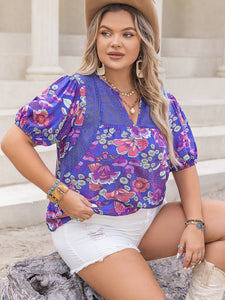 Printed Notched Short Sleeve Blouse